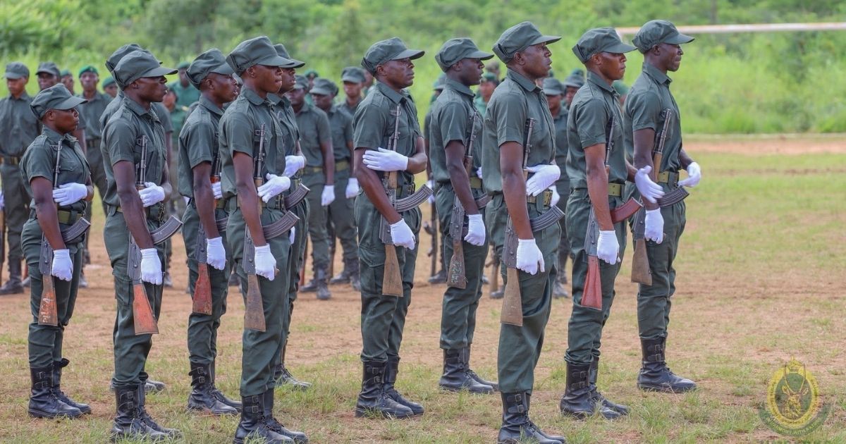 In this image are ZimParks rangers on parade during World Ranger Day celebrations.