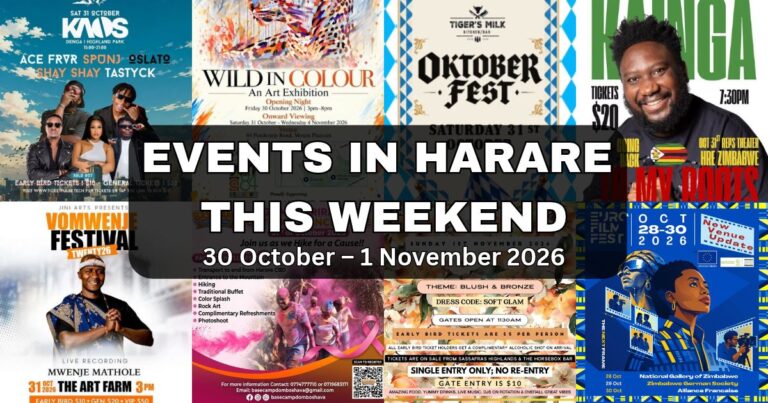 Graphic with posters for events in Harare this weekend | 30 October – 1 November 2026