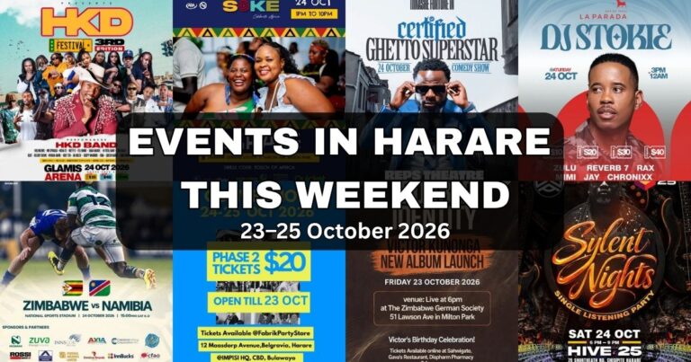 A graphic with posters of events in Harare this weekend | 23–25 October 2026