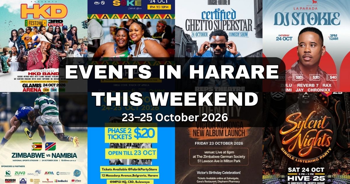 A graphic with posters of events in Harare this weekend | 23–25 October 2026
